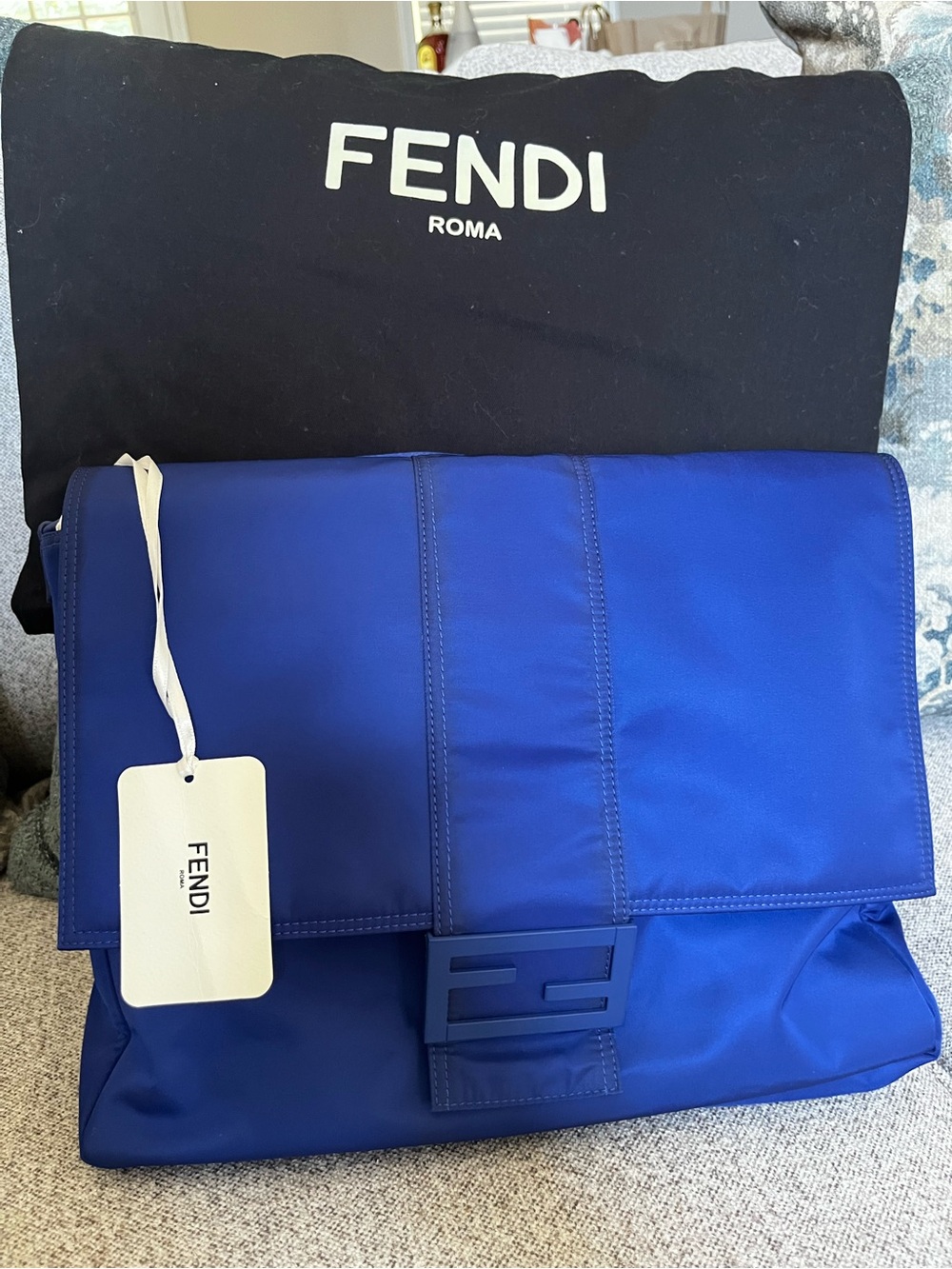 Fendi Men's Royal Blue Nylon Messenger Bag with FF Buckle